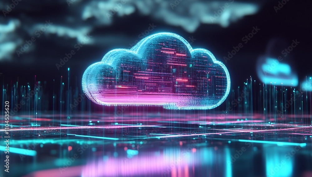 Poster Futuristic Data Cloud with Neon Lights in a Digital Landscape : Generative AI