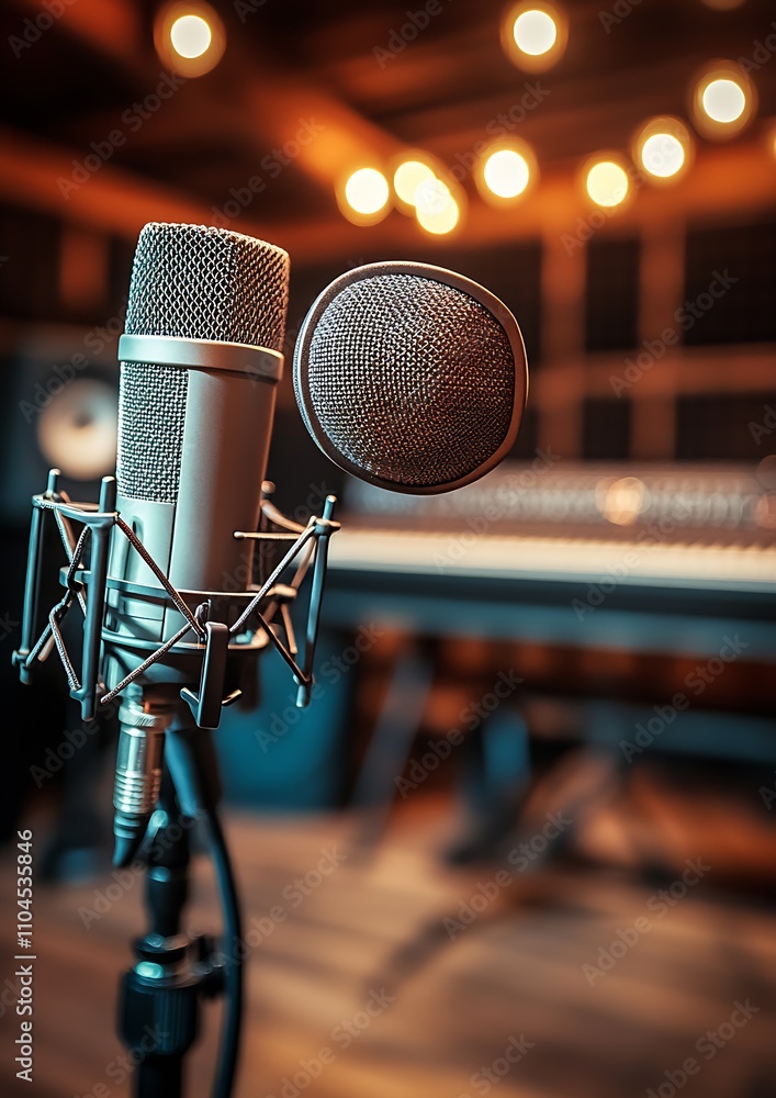 Poster professional art of sound recording with vintage-style microphones and studio ambiance : generative 