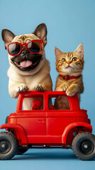 Fototapeta premium Pug and Kitten Joyride in Red Toy Car