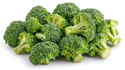 Fresh organic broccoli, high detail in florets, dynamic composition, vibrant colors, isolated on white background
