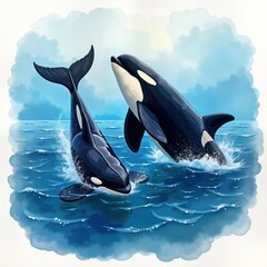 Obraz premium Two killer whales jump high in ocean water. Ocean wildlife scene. Marine mammals in nature. Powerful creatures in aquatic environment. Sea life illustration. Wildlife photo. Nature scene. Ocean