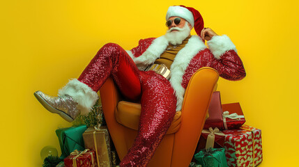 Nightclub invite on colorful christmas party celebration cool edgy funky crazy santa claus dj in sequin glittering stylish x-mas santa fashion hat and outfit, sitting on an armchair with sunglasses