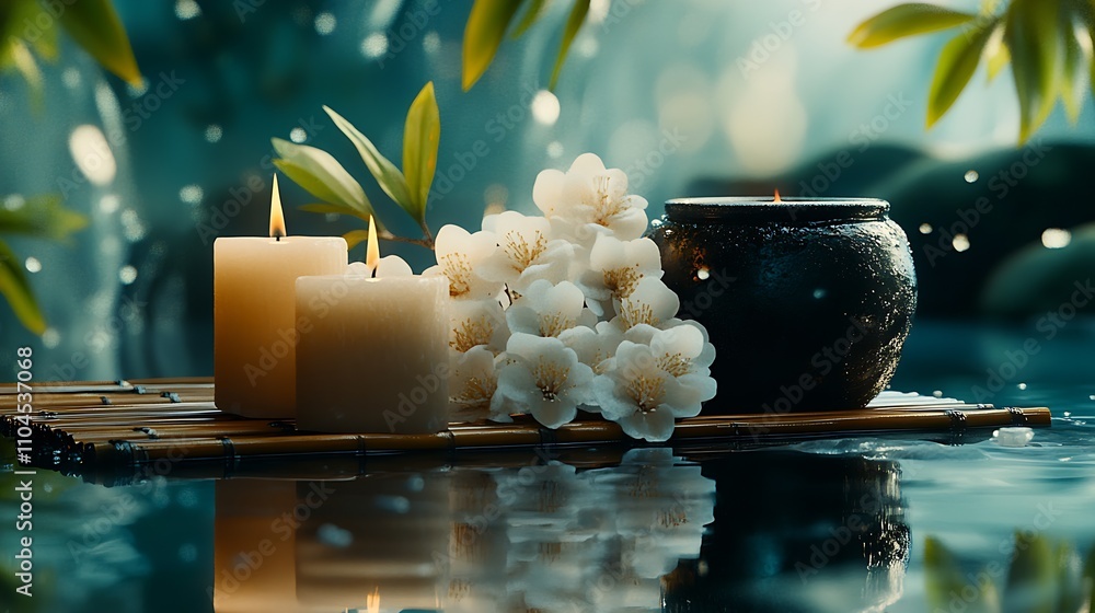 Poster serene spa setting with flowers and candles on water for relaxation and wellness photography and des