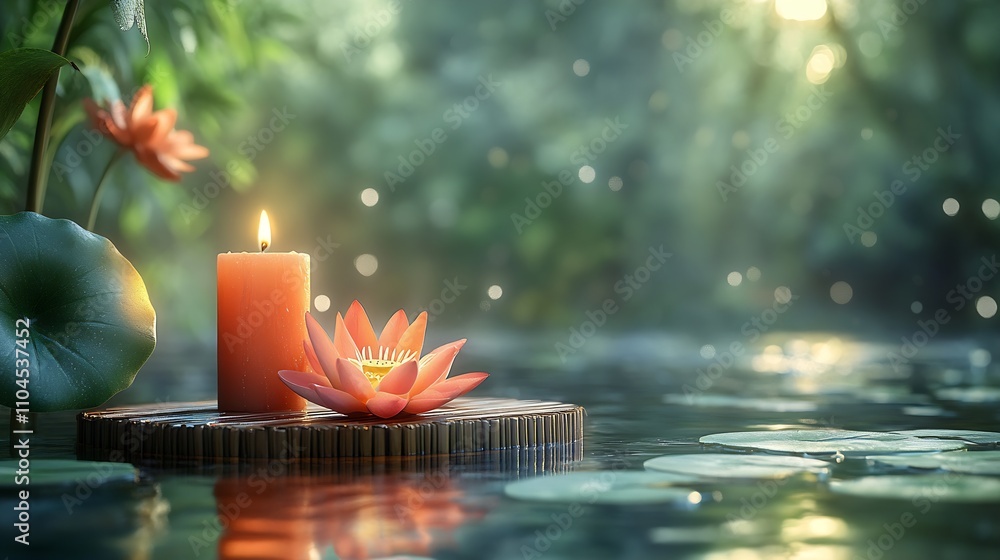 Poster serene pond with floating candle and lotus flowers surrounded by lush greenery at dawn : generative 