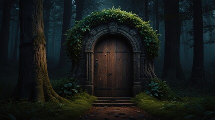 Obraz premium Ancient stone door overgrown with ivy in a dark forest.