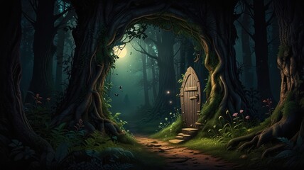 Enchanting moonlit forest path leads to mystical wooden door.