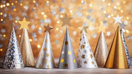 A vibrant display of party hats in metallic gold and silver, adorned with stars and festive patterns, set against a cheerful celebratory background