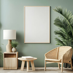 Fototapeta premium Sage Green Room Mockup with Wooden Chair