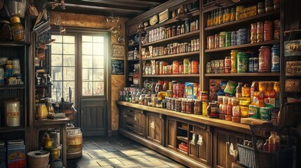 An antique grocery shop with wooden shelves filled with vintage cans, glass jars, and colorful packaging, evoking nostalgia in warm light.