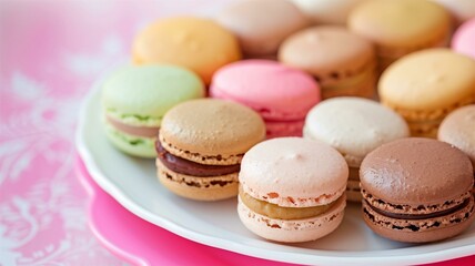 Fototapeta premium Colorful and elegant macarons on a white plate, perfect for dessert displays 