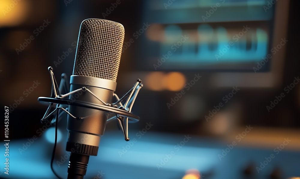 Leinwandbilder professional audio broadcaster studio microphone with soft focus background : generative ai