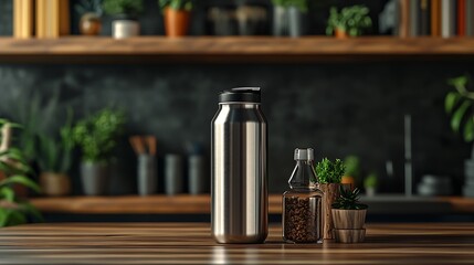 Stainless Steel Water Bottle with Green Plants on Wooden Kitchen Counter : Generative AI