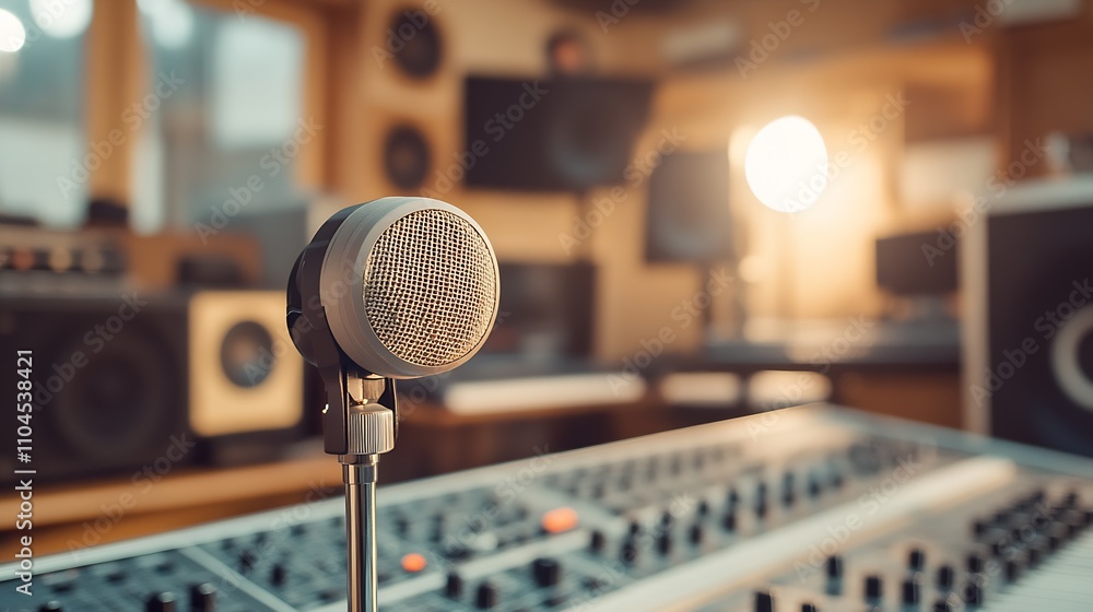Poster professional studio microphone in focus with blurred background and audio equipment : generative ai