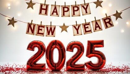 Red foil balloons spell out 2025. Happy New Year banner hangs above. Party decorations celebrate upcoming new year. Celebration theme for upcoming new year. Festive atmosphere. Festive decorations.
