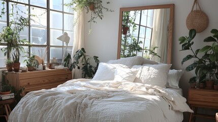 Minimalist bedroom decor, floor-length mirror, frameless and leaning