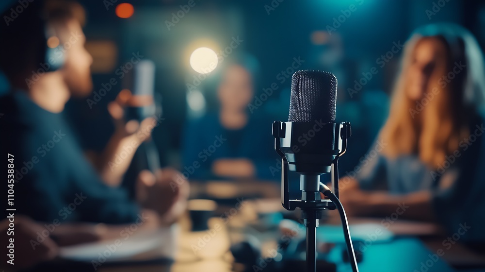 Poster Podcast Recording Session with Professional Microphone and Diverse Hosts in Studio : Generative AI