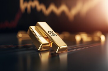 Multiple Bars of 24 Karat Gold Bullion Stacked in Front of Financial Graph : Generative AI