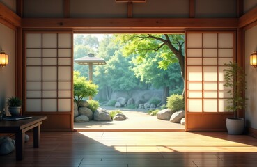 Japanese home interior with natural light streaming into serene garden panorama. Wooden sliding doors reveal tranquil landscape. Simple decor, warm light create peaceful ambiance. Simple wooden