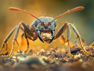Fototapeta premium Close-up of a large ant carrying food, showcasing its mandibles and detailed texture.