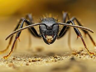 Close-up of a large black ant carrying food, showcasing its mandibles and texture.