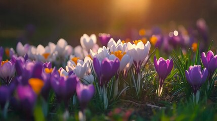 Crocuses paint fields with purple, yellow, and white.