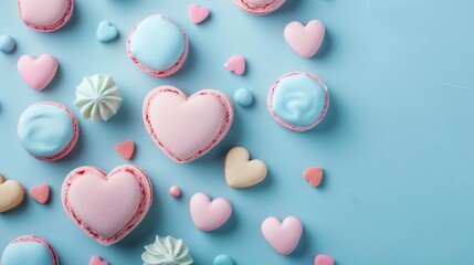 Obraz premium Marshmallow Heart Color on Blue Background with Cookies and Pastel Macaroons.