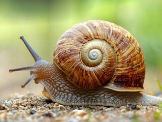 Close-up of a large brown snail crawling on the ground. - Powered by Adobe