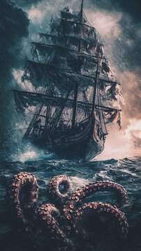 A medieval pirate carrack in a storm, being attacked from below by the tentacles of a giant squid, rising out of the water. 