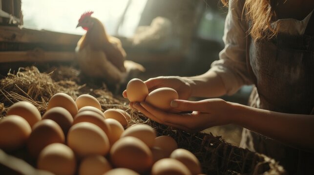 Hand gathering eggs from henhouse