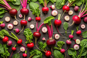 Flat lay of fresh red radishes and beetroots with green leaves on dark wood.