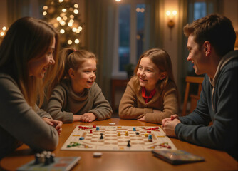 Fototapeta premium Happy family having fun playing board game at home in the evening