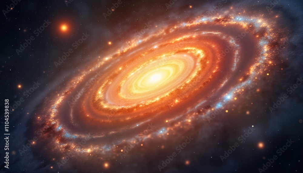 Poster spiral galaxy glows with vibrant orange, yellow core. bright star clusters surround galaxy. cosmic d