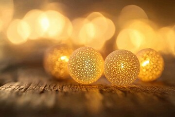 Fototapeta premium A close-up of glowing fairy lights on an old wooden table, creating a soft yellow light and a bokeh effect in the background Generative AI