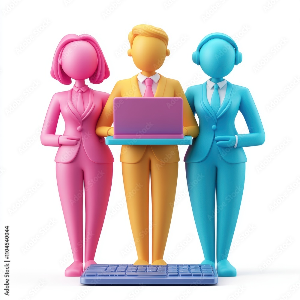 Poster three colorful figures representing teamwork in a business setting.