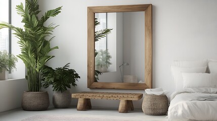 Minimalist Bedroom with Large Wooden Mirror and Indoor Plants for Modern Home Decor : Generative AI