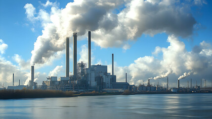 Industrial Plant Emits Smoke into the Sky over a Calm River
