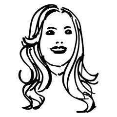 Head of a pretty blonde woman with long loose hair. Portrait of a happy smiling girl. Beautiful female face. Hand drawn linear doodle rough sketch. Black and white silhouette.