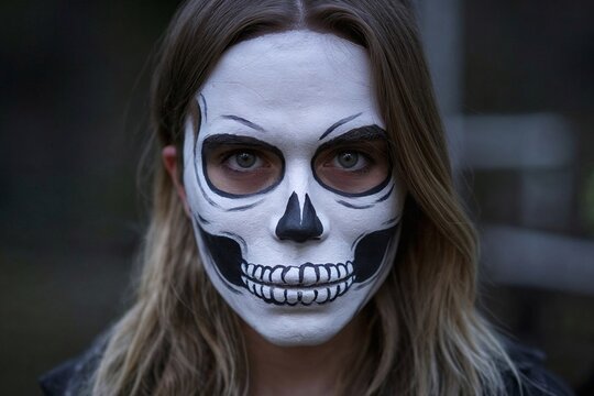 Woman with detailed skeleton face paint on a dark background, exuding a mysterious and artistic aura.