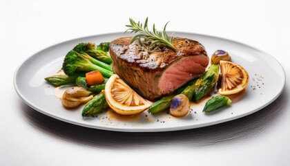Gourmet steak with grilled vegetables and a delicate herb butter on a white background