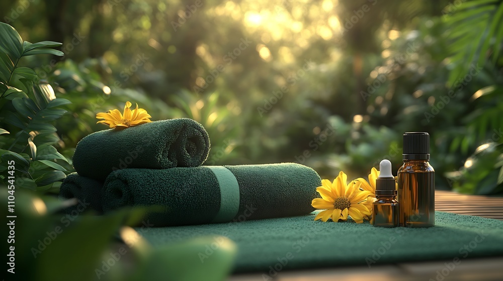 Poster relaxing spa ambiance with essential oils towels and flowers in earthy green setting : generative ai