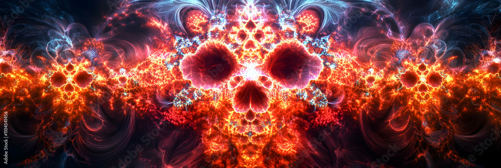 Poster fiery fractal skull: abstract digital artwork with intense, burning hues and intricate, flowing patt