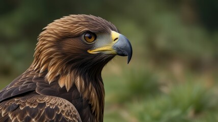Obraz premium Majestic golden eagle portrait, sharp focus on feathers and intense gaze.