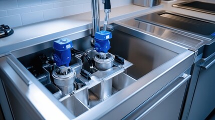 A clean and modern grease trap installation in a kitchen setup, highlighted with stainless steel finishes and labeled components under bright light.