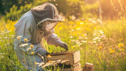 An experienced beekeeper carefully tending to beehives in a vibrant flower field