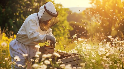 An experienced beekeeper carefully tending to beehives in a vibrant flower field
