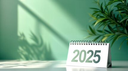 small desktop calendar shows the year 2025