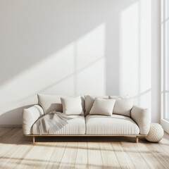 Beige sofa in a modern minimalist living room..