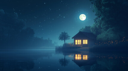 Beautiful night view with a small house under the full moon and stars next to the river.