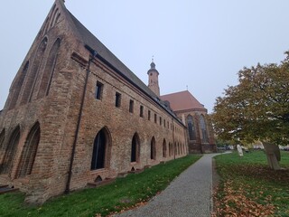 Naturweg mit dem alten und schönen St Pauli - Kloster in Brandenburg an der Havel auf der linken...