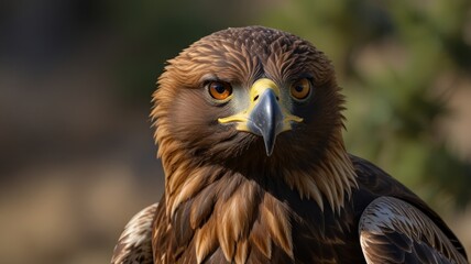 Naklejka premium Close-up portrait of a majestic golden eagle, intense gaze, sharp focus, detailed feathers.